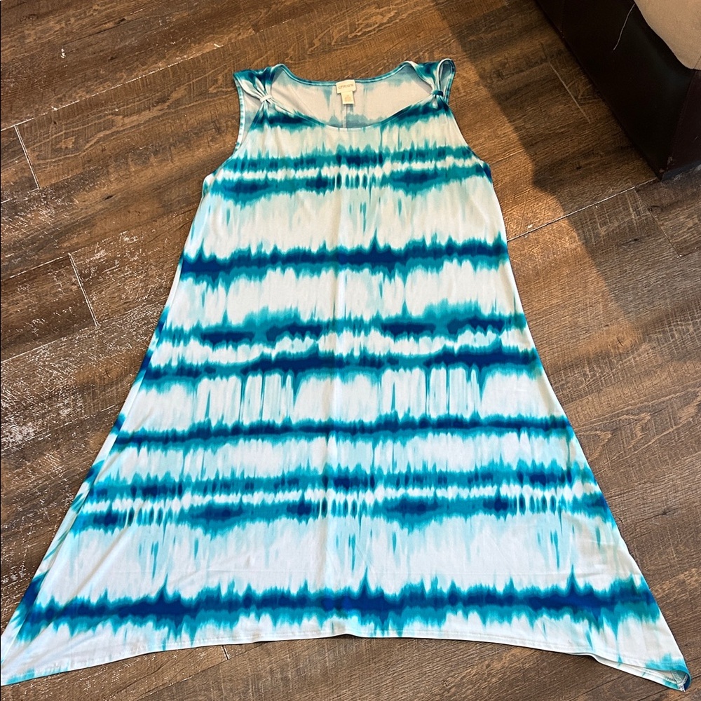 Chicos Womens Aqua Blue Tie‎ Dye Printed Sleeveless Midi Dress size 3